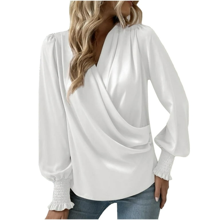 XFLWAM Women's Satin Silky Cowl Neck Tops Draped Wrap V Neck