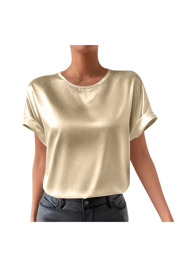 Women's Satin Tops Crew Neck Roll Up Short Sleeve Blouses Casual Loose Silk Work Office Tunic Shirts