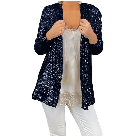 XFLWAM Women's Sequin Cardigan Long Sleeve Open Front Jacket Casual Party Cocktail Outerwear Coat Navy Blue M