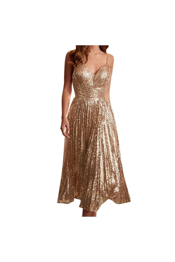 Women's Sequin Glitter Party Dresses Spaghetti Straps Pleated Swing Dress Sexy Backless Evening Cocktail Prom Dress Gold M