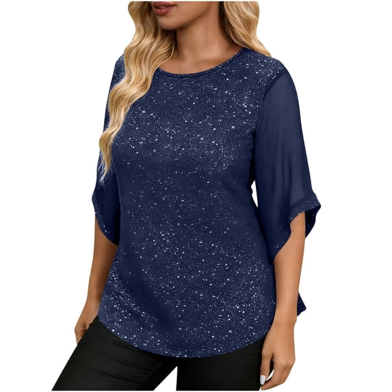 XFLWAM Women's Sequin Glitter Tops Crew Neck Mesh Short Sleeve Lace Trim Blouses Dressy Casual Sparkly Shimmer Tunic Shirts