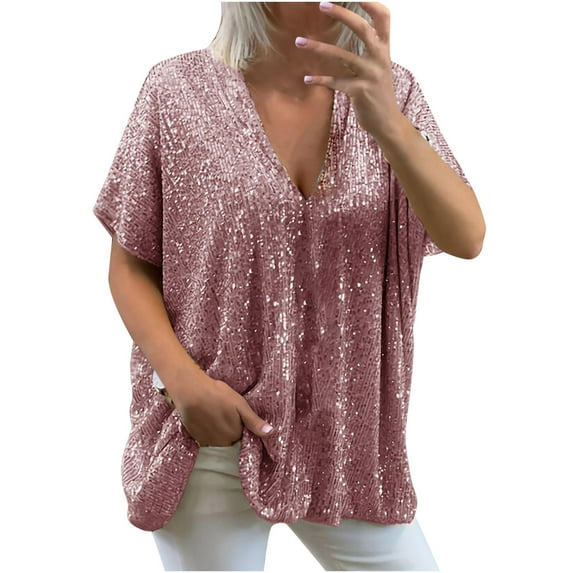 XFLWAM Women's Sequin Short Sleeve Tops V Neck Glitter Sparkles Loose Fit Tshirt Plus Size Trendy Tunic Blouse Comfy Tees Pink M