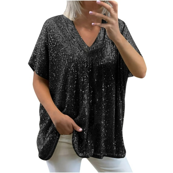 XFLWAM Women's Sequin Short Sleeve Tops V Neck Glitter Sparkles Loose Fit Tshirt Plus Size Trendy Tunic Blouse Comfy Tees