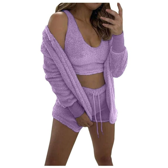 XFLWAM Women's Sexy 3 Piece Pajamas Outfit Fuzzy Fleece Warm Sherpa Coat Jacket Outwear Spaghetti Strap Crop Top Shorts Set Purple M