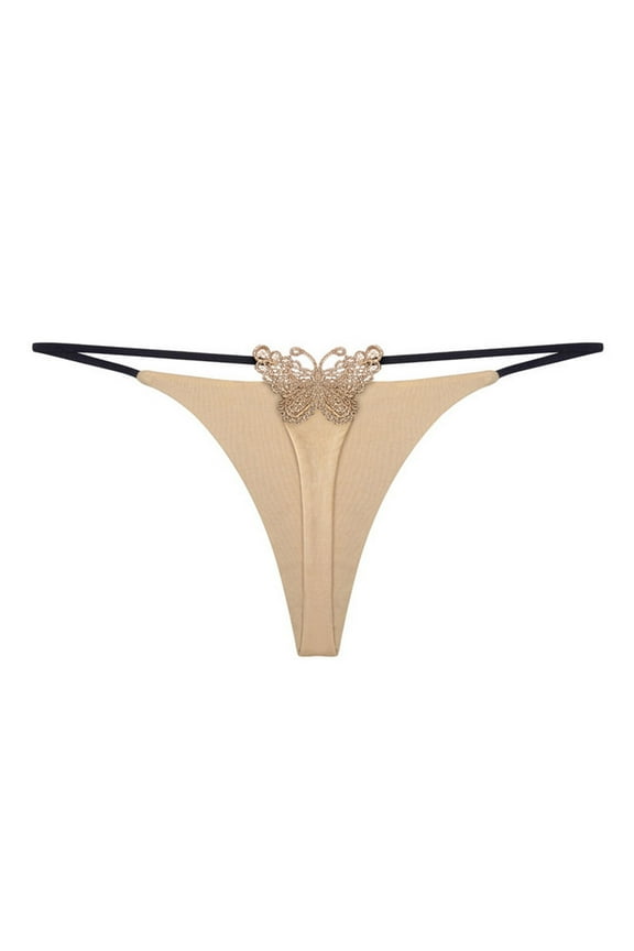 Women's Sexy Butterfly Embroidered G-String Y-Back Thong Panties Beige L