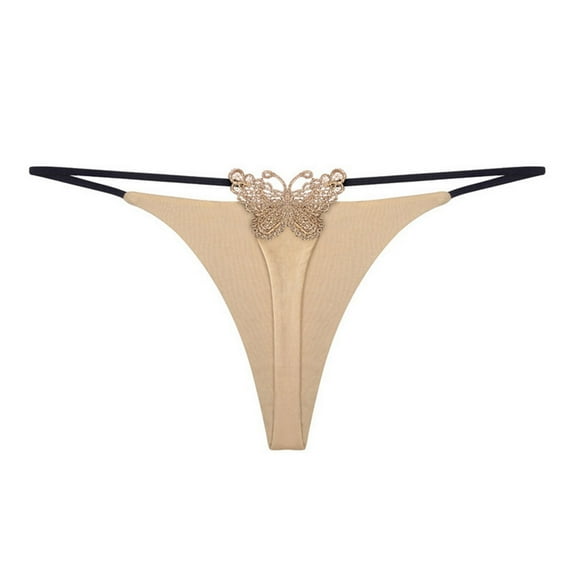 XFLWAM Women's Sexy Butterfly Embroidered G-String Y-Back Thong Panties Beige M