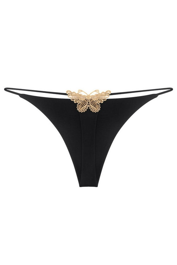 Women's Sexy Butterfly Embroidered G-String Y-Back Thong Panties Black M