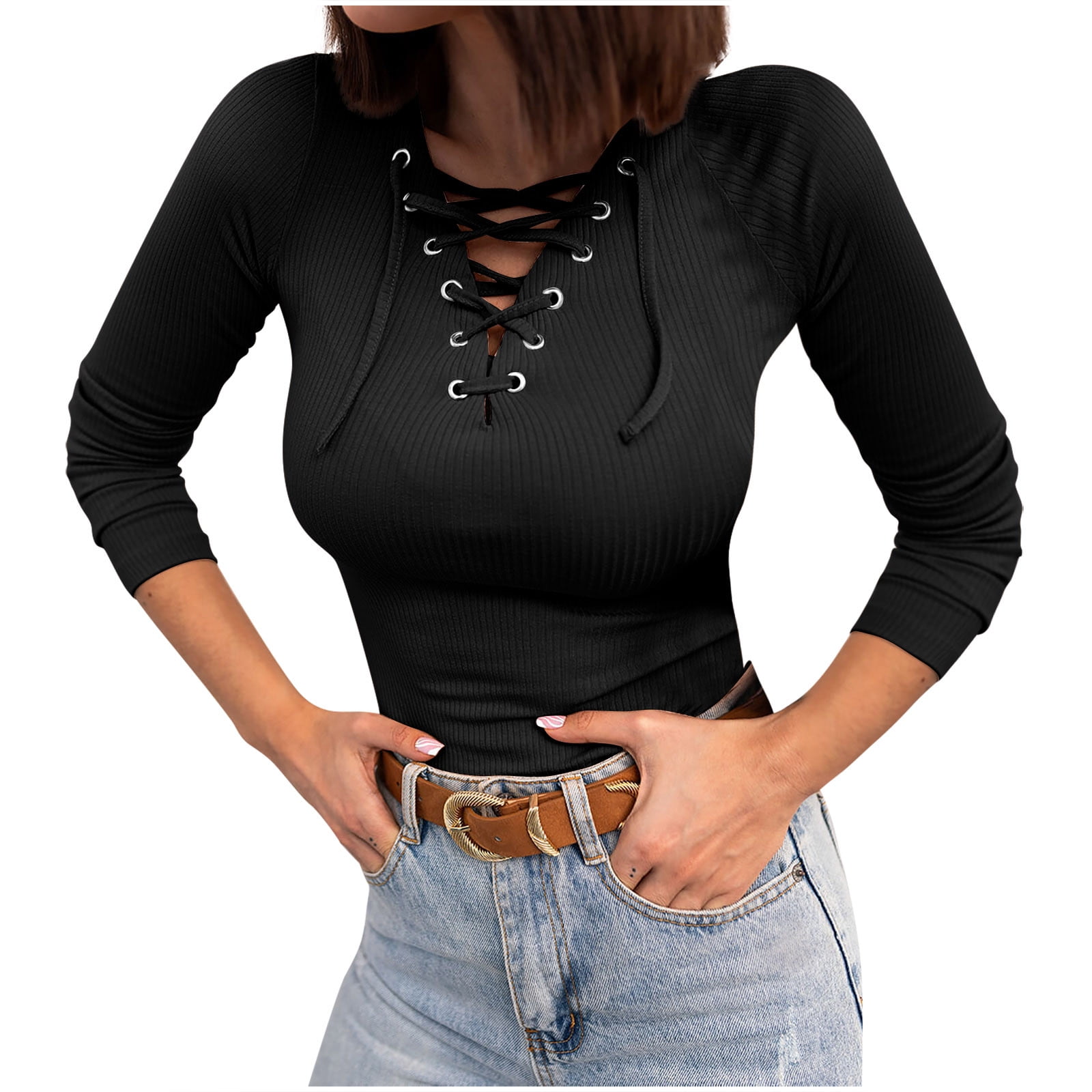 deep v neck long sleeve blouse