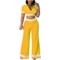 thumbnail image 1 of XFLWAM Women's Sexy Ribbed Two Piece Outfit Short Sleeve V Neck Crop Top High Waisted Wide Leg Long Pants Tracksuits Yellow S, 1 of 6