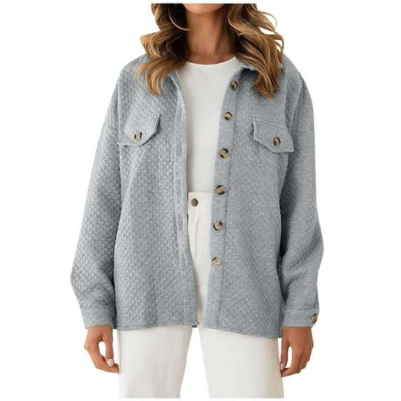 XFLWAM Women's Shacket Jacket Casual Lightweight Long Sleeve Quilted Jackets Button Down Shirts Outerwear Tops with Pockets