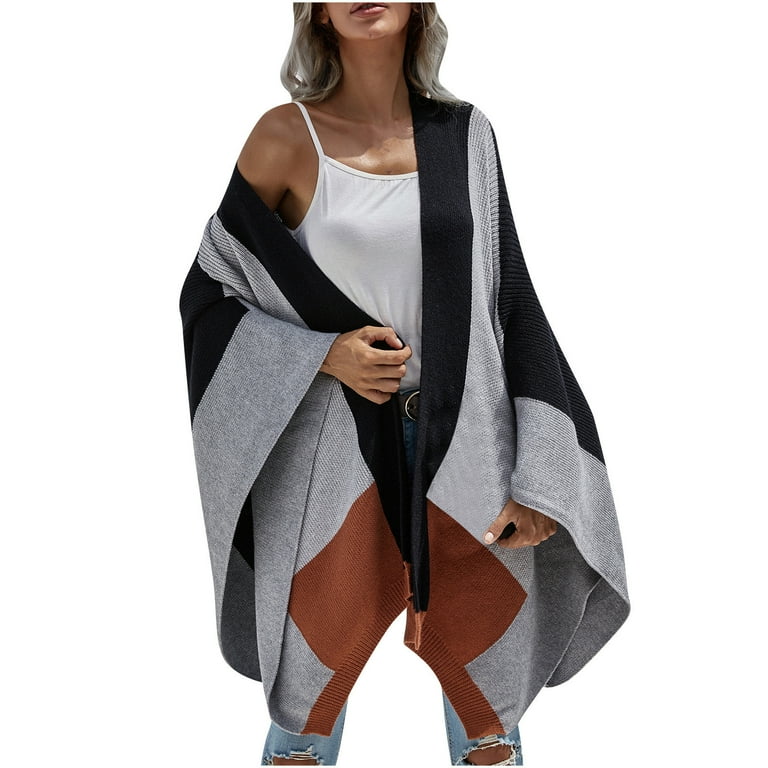 XFLWAM Women s Shawl Wrap Poncho Color Block Cape Cardigan Sweater Open Front for Spring Winter Black XL