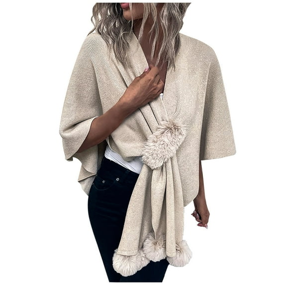 XFLWAM Women's Shawl Wrap Poncho Sweaters Solid Color Open Front Cardigan Shawls Cape for Fall Winter Beige Free Size