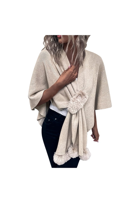 Women's Shawl Wrap Poncho Sweaters Solid Color Open Front Cardigan Shawls Cape for Fall Winter Beige Free Size