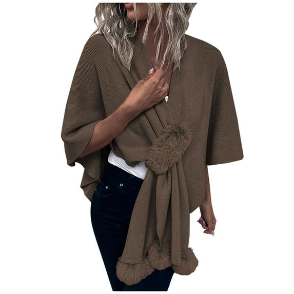 XFLWAM Women's Shawl Wrap Poncho Sweaters Solid Color Open Front Cardigan Shawls Cape for Fall Winter Coffee Free Size