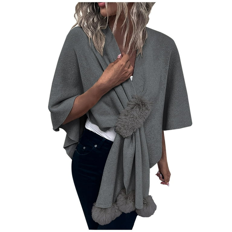 XFLWAM Women s Shawl Wrap Poncho Sweaters Solid Color Open Front Cardigan Shawls Cape for Fall Winter Gray Free Size