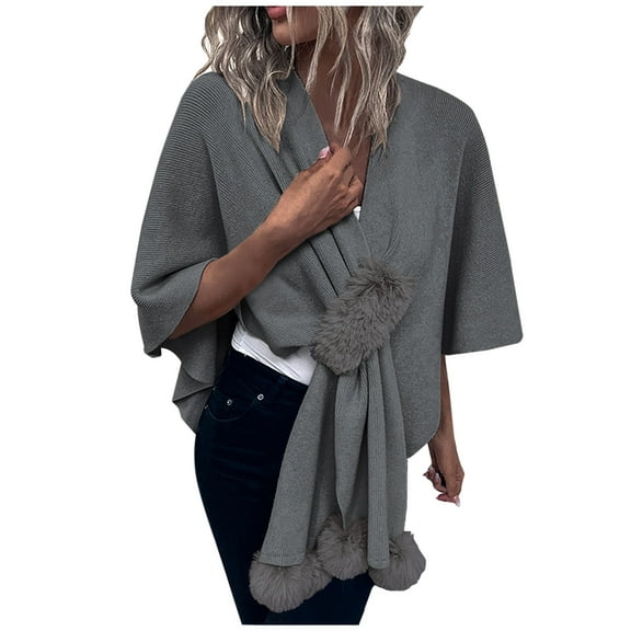 XFLWAM Women's Shawl Wrap Poncho Sweaters Solid Color Open Front Cardigan Shawls Cape for Fall Winter Gray Free Size