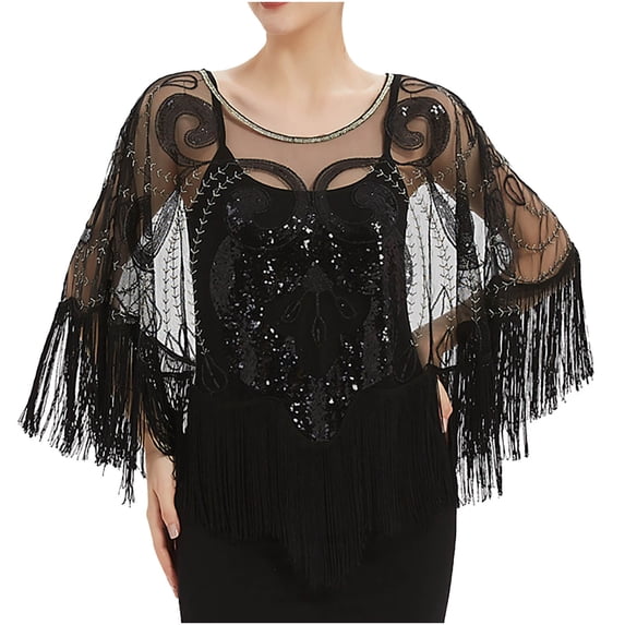 XFLWAM Women's Shawl Wraps Sequin Lace Sheer Mesh Tassel Beaded Evening Cape Bridal Shawl for Evening Dresses Wedding Party Black One Size