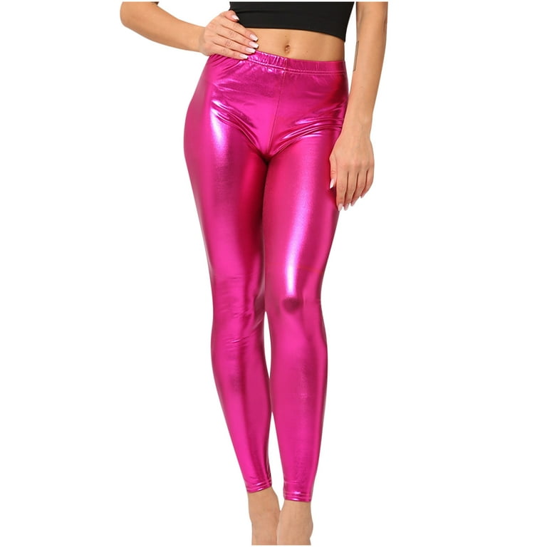 XFLWAM Women's Shiny Metallic Leggings Sexy High Gloss Skinny Pants Faux  Leather Stretch Shaping Tights Trousers Pink L 