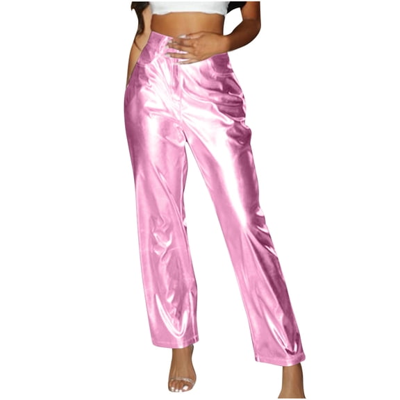 XFLWAM Women's Shiny Metallic Rave Pants Straight Leg Faux Leather High Waist Pants with Pockets for Party Club Streetwear Pink M