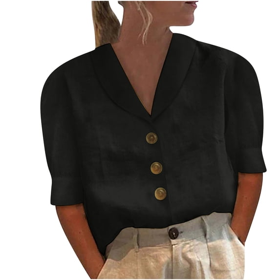 XFLWAM Women's Short Sleeve Button Down Shirts Cotton Linen Laple V Neck Casual Business Work Blouse Tops Black M