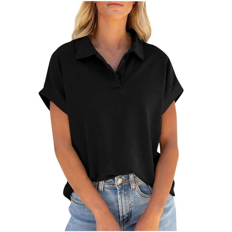 XFLWAM Women s Short Sleeve Polo Shirts Solid Color V Neck Casual Collared Tops Work Tunic Blouses Black 5XL