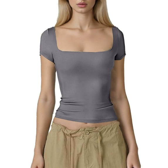 XFLWAM Women's Short Sleeve T Shirts Square Neck Going Out Tops Slim Fit Basic Tee Seamless Workout Shirts