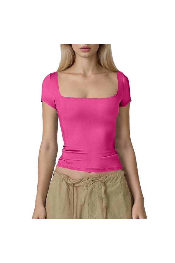 Women's Short Sleeve T Shirts Square Neck Going Out Tops Slim Fit Basic Tee Seamless Workout Shirts