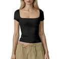 thumbnail image 1 of XFLWAM Women's Short Sleeve T Shirts Square Neck Going Out Tops Slim Fit Basic Tee Seamless Workout Shirts, 1 of 6