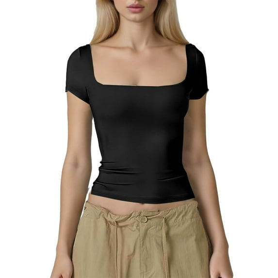 XFLWAM Women's Short Sleeve T Shirts Square Neck Going Out Tops Slim Fit Basic Tee Seamless Workout Shirts
