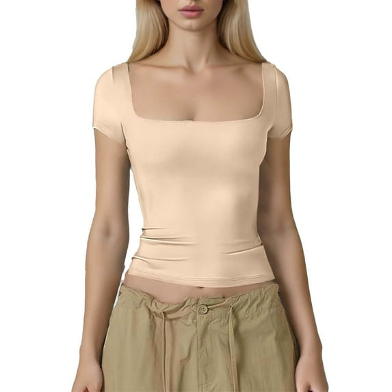 XFLWAM Women's Short Sleeve T Shirts Square Neck Going Out Tops Slim Fit Basic Tee Seamless Workout Shirts
