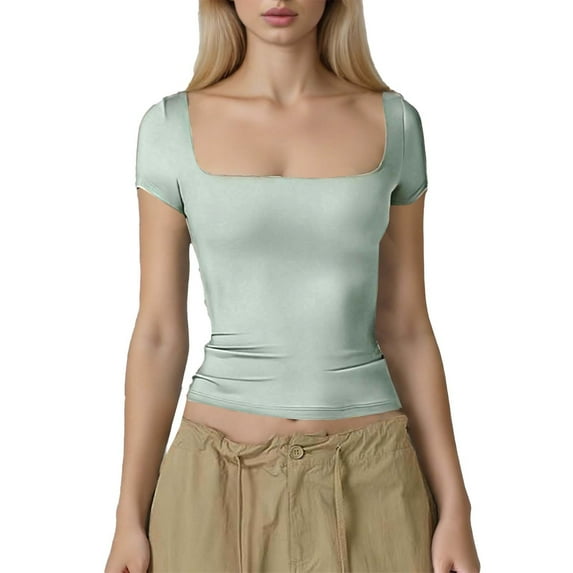 XFLWAM Women's Short Sleeve T Shirts Square Neck Going Out Tops Slim Fit Basic Tee Seamless Workout Shirts