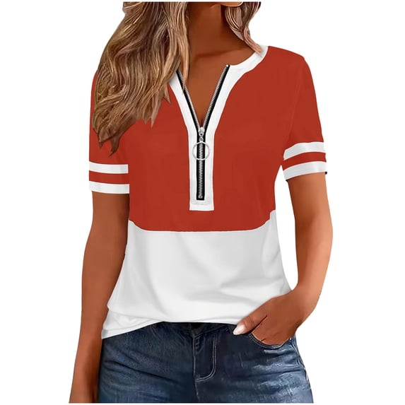 XFLWAM Women's Short Sleeve T Shirts V Neck Zipper Tops Color Block Casual Summer Loose Fit Blouses