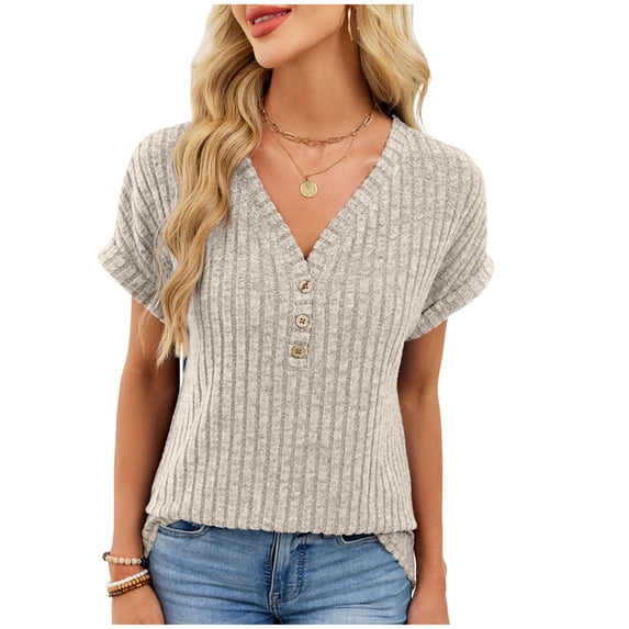 XFLWAM Women's Short Sleeve Tops Summer V Neck Button Henley T Shirts Dressy Casual Ribbed Knit Solid Color Tunic Shirt