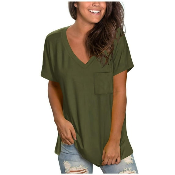 XFLWAM Women's Short Sleeve V-Neck Shirts Basic Loose Casual Solid Color Tee T-Shirt with Pocket Green XL