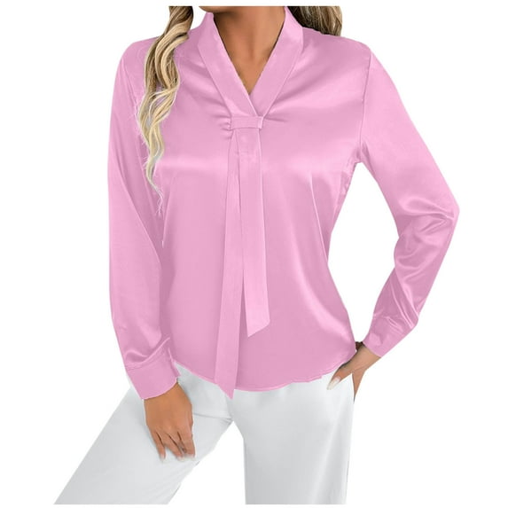 XFLWAM Women's Silk Satin Blouses Solid Color Long Sleeve Shirts Casual Office Work Dressy Curved Hem Elegant Tunic Tops