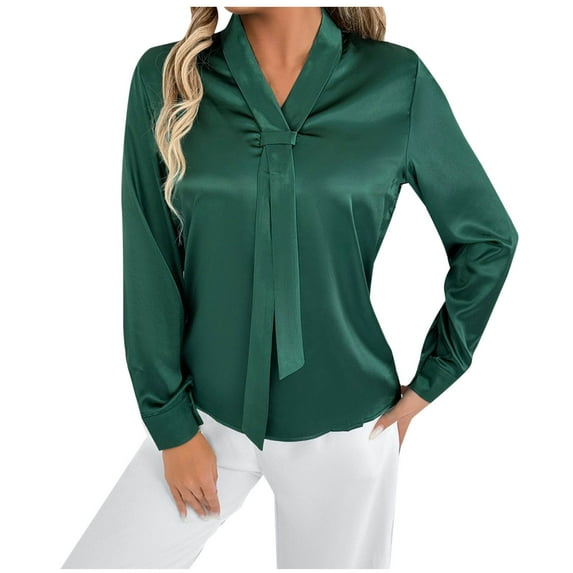 XFLWAM Women's Silk Satin Blouses Solid Color Long Sleeve Shirts Casual Office Work Dressy Curved Hem Elegant Tunic Tops