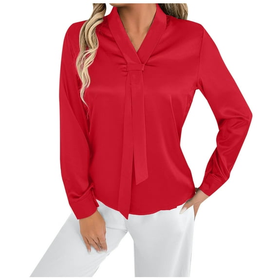 XFLWAM Women's Silk Satin Blouses Solid Color Long Sleeve Shirts Casual Office Work Dressy Curved Hem Elegant Tunic Tops