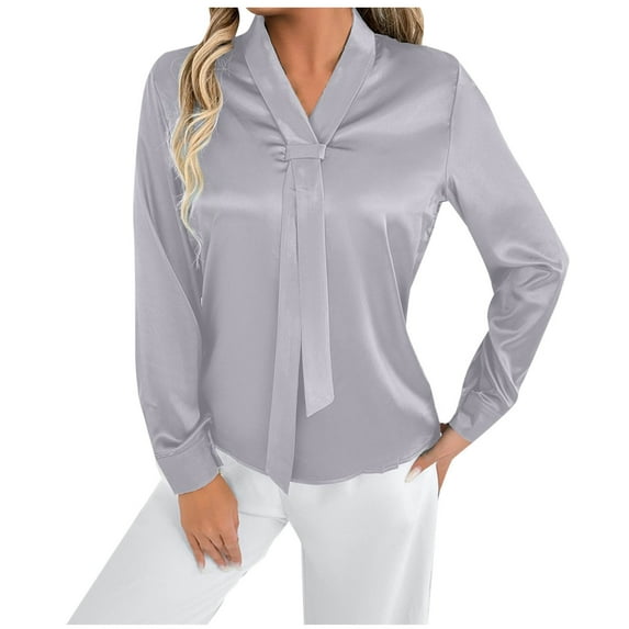 XFLWAM Women's Silk Satin Blouses Solid Color Long Sleeve Shirts Casual Office Work Dressy Curved Hem Elegant Tunic Tops
