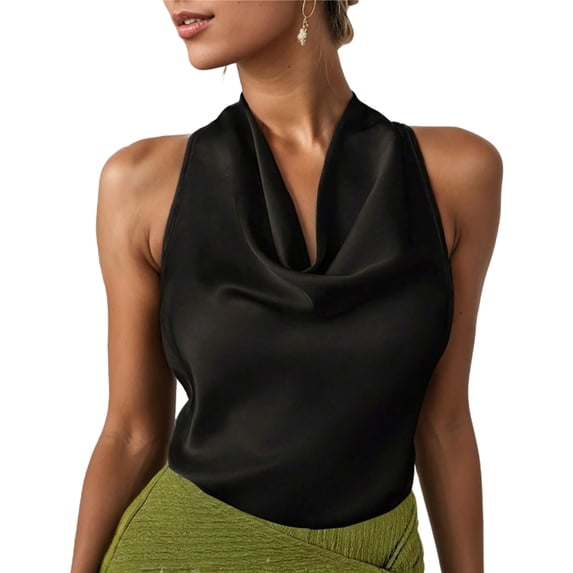 XFLWAM Women's Silky Satin Tank Top Cowl Neck Sleeveless Draped Blouse Halter Wrap Tie Back Backless Summer Camisole