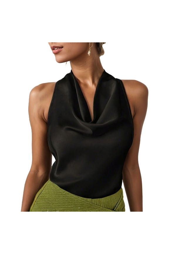 Women's Silky Satin Tank Top Cowl Neck Sleeveless Draped Blouse Halter Wrap Tie Back Backless Summer Camisole