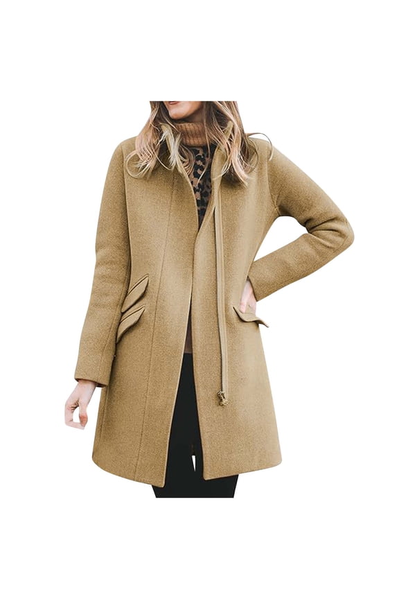 Women's Single Breasted Pea Coat Lapel Collar Winter Jackets Wool Blend Overcoat with Pockets Khaki M