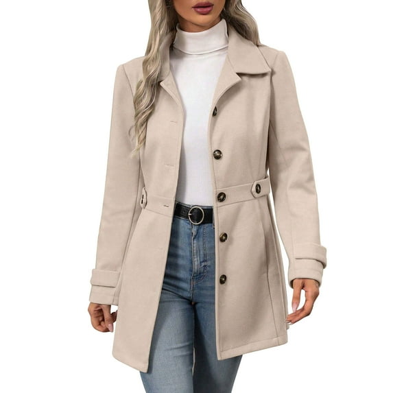 XFLWAM Women's Single Breasted Pea Coat Turn Down Collar Belted Vintage Trench Coat Casual Fall Winter Classic Outwear Overcoat with Pockets Beige M