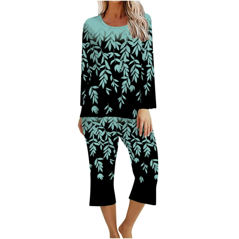 XFLWAM Women s Sleepwear Capri Pajama Sets Long Sleeve Two Piece