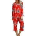 thumbnail image 1 of XFLWAM Women's Sleepwear Capri Pajama Sets Long Sleeve Two-Piece Pjs Crew Neck Lounge Sets Tops & Capri Pants with Pockets, 1 of 5