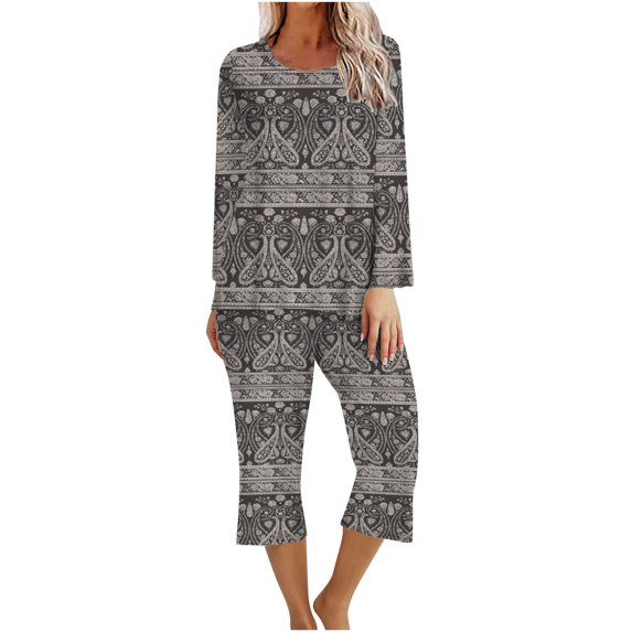 XFLWAM Women's Sleepwear Capri Pajama Sets Long Sleeve Two-Piece Pjs Crew Neck Lounge Sets Tops & Capri Pants with Pockets