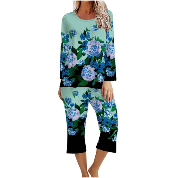 XFLWAM Women's Sleepwear Capri Pajama Sets Long Sleeve Two-Piece Pjs Crew Neck Lounge Sets Tops & Capri Pants with Pockets