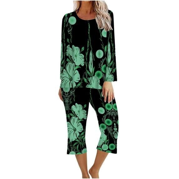 XFLWAM Women's Sleepwear Capri Pajama Sets Long Sleeve Two-Piece Pjs Crew Neck Lounge Sets Tops & Capri Pants with Pockets