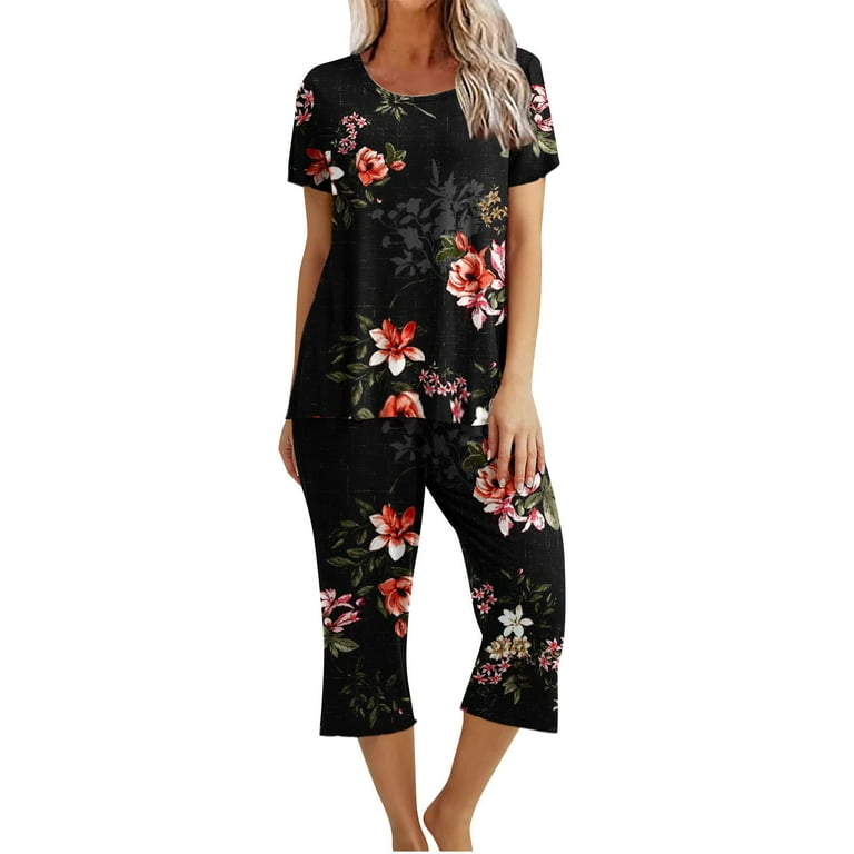 XFLWAM Women s Sleepwear Capri Pajama Sets Short Sleeve Two Piece Pjs Crew Neck Lounge Sets Tops Capri Pants with Pockets Black 1 S Walmart