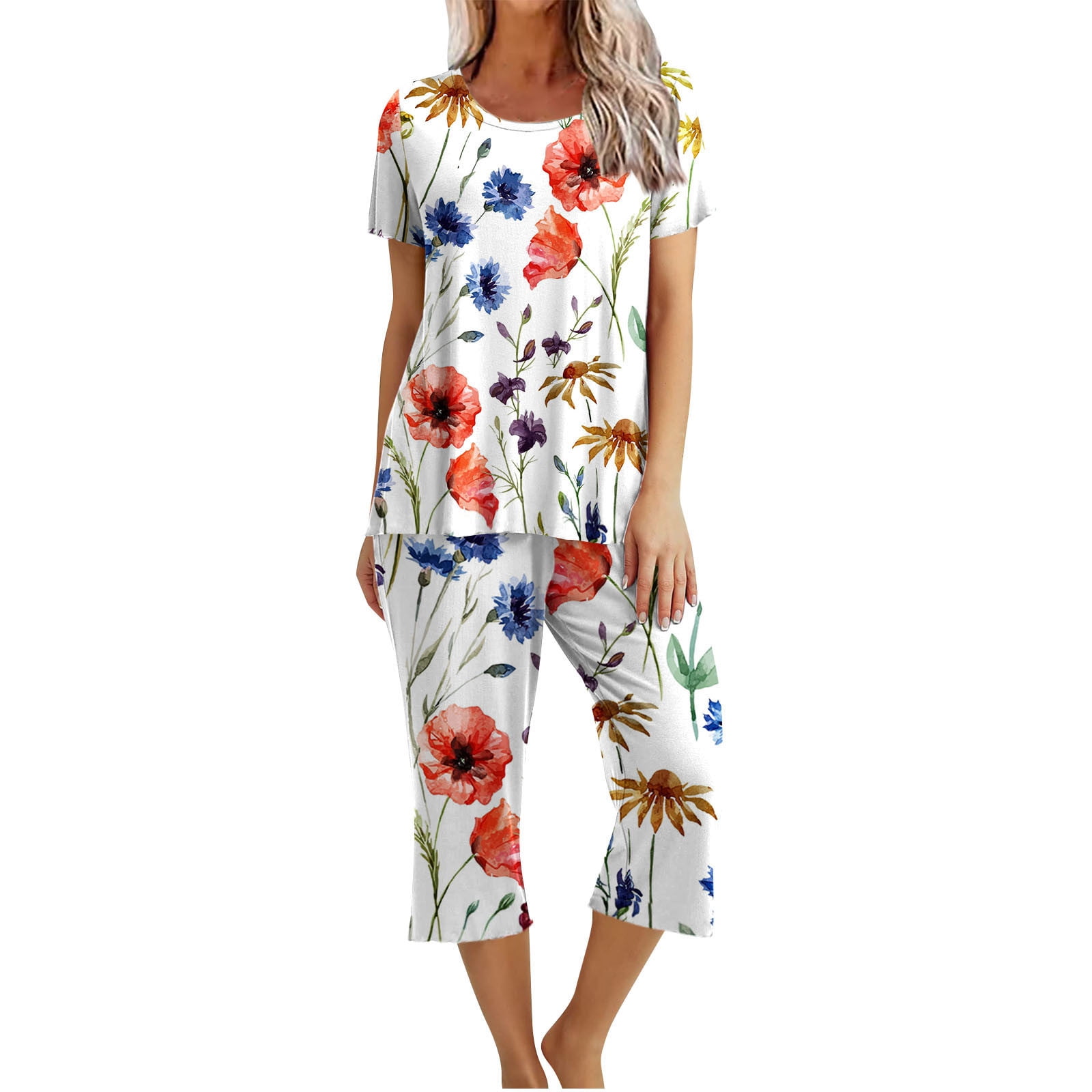WiWi Women's Pajama Set - Short Sleeve Top & Capri Pants, Bamboo Fiber (Navy, Large)