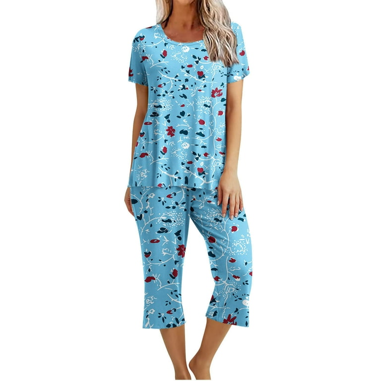 XFLWAM Women s Sleepwear Capri Pajama Sets Short Sleeve Two Piece Pjs Crew Neck Lounge Sets Tops Capri Pants with Pockets Sky Blue 1 XXL Walmart